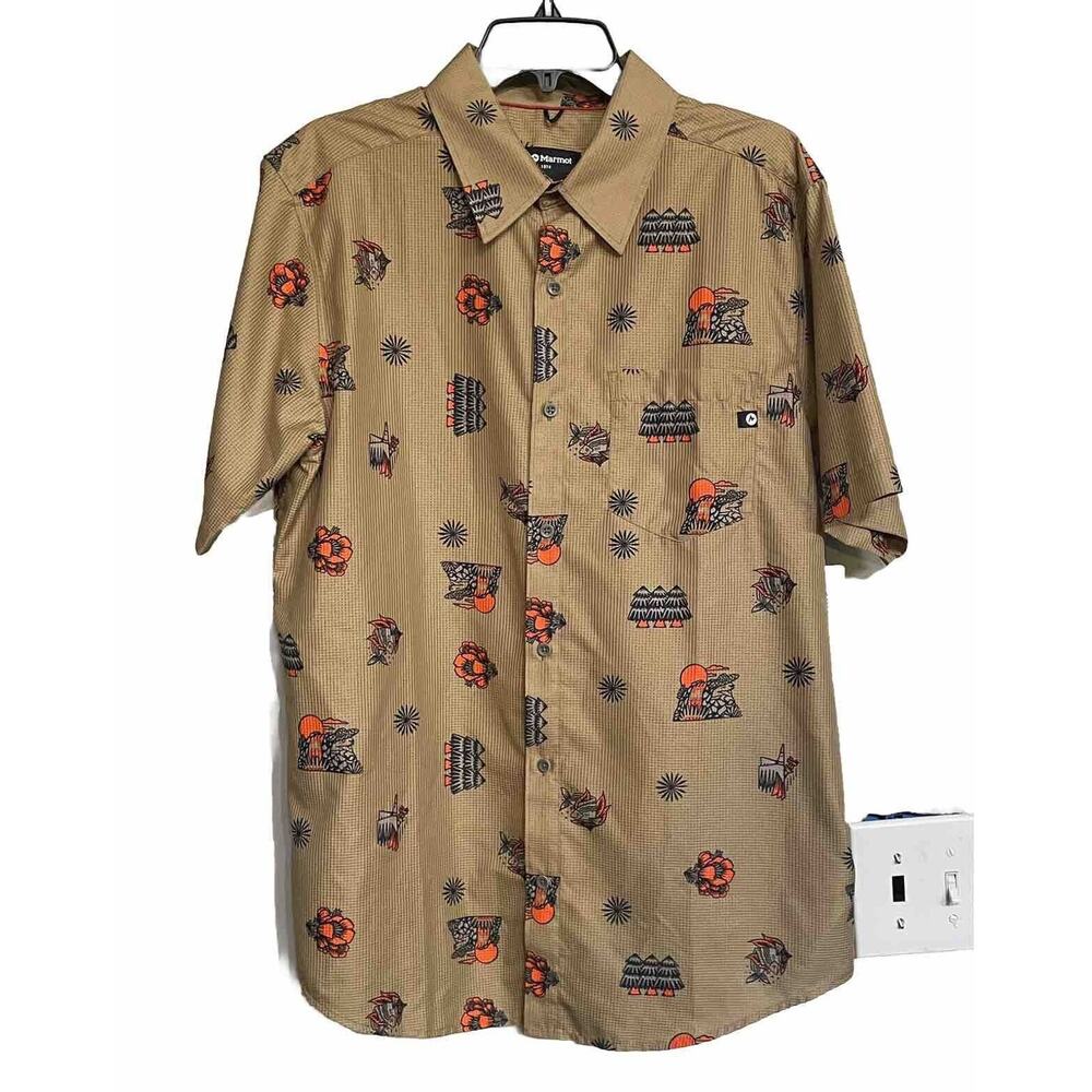 Marmot Shirt Syrocco Short Sleeve Button‎ Up Fish Floral Trees Mens Medium New